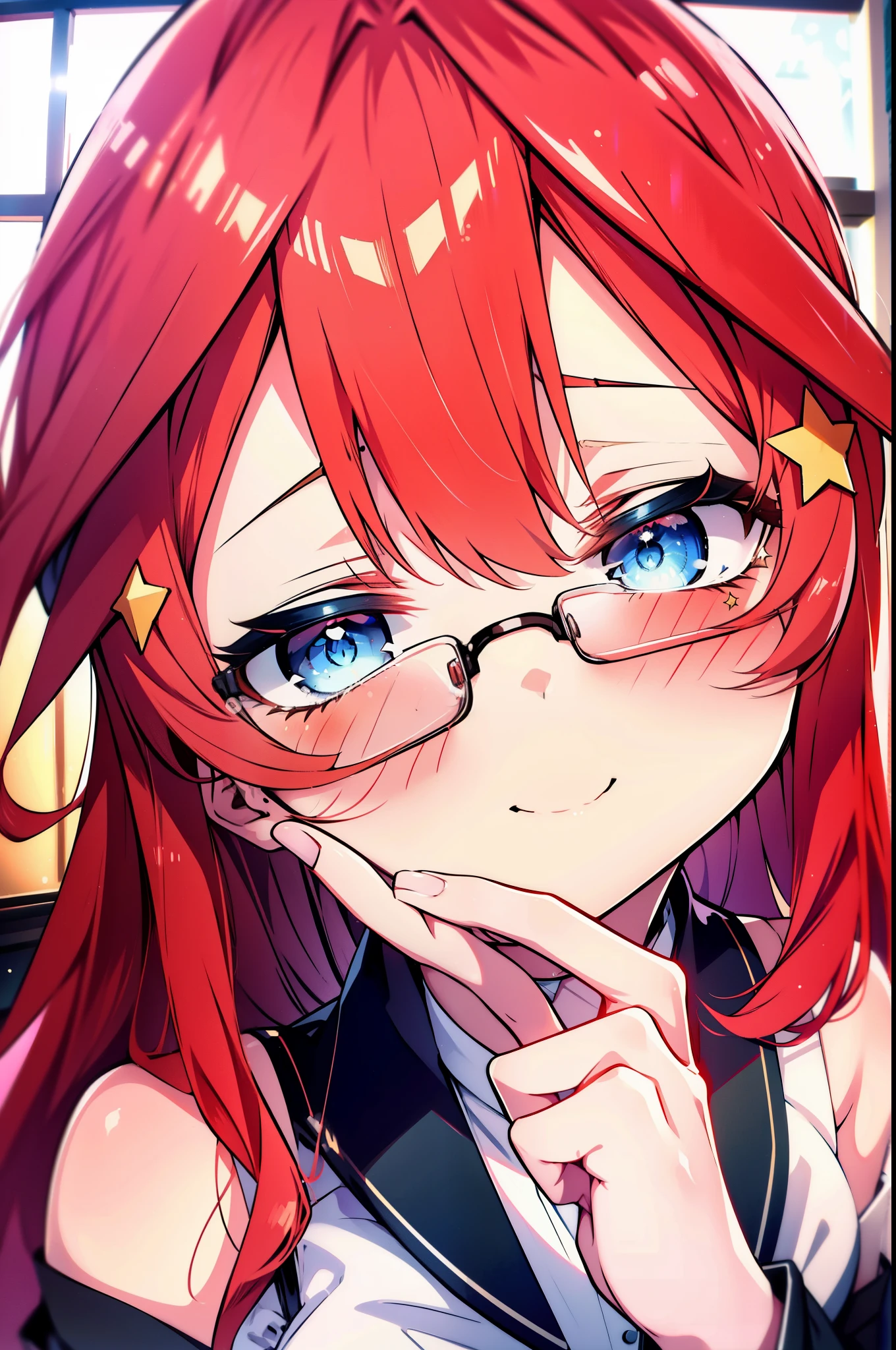 itsukinakano, Itsuki Nakano, bangs, blue eyes, Hair between the eyes, Ahoge, Redhead, star \(symbol\), hair ornaments, star hair ornaments,happy smile, smile, Open your mouth,smile,blush,Akagi glasses,Cold shoulder tops,Short sleeve,Long skirt,Stiletto heels,whole bodyがイラストに入るように,interior,There is a computer on the table,Looking up from below,
break indoors, オフィス
break looking at viewer, whole body,
break (masterpiece:1.2), highest quality, High resolution, unity 8k wallpaper, (figure:0.8), (Beautiful fine details:1.6), Highly detailed face, Perfect lighting, Highly detailed CG, (Perfect hands, Perfect ???????),