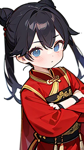 Three Kingdoms、Boy in ancient Chinese costume、Intelligent boy、Looking into the camera、There is a topknot on the head、Long sleeve、Hanfu、Black Hair、Standing and posing with arms crossed、part your bangs in the middle