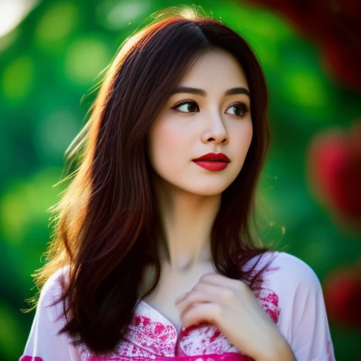 8K images, Shot with a high quality Fuji 45 camera..,000,Raw Photos 45,000,000 pixels,Warm light,) best quality, Masterpiece:1.2), (realistic, photo-realistic:1.37), very detailed,
1 woman,cute, Dark makeup, beauty salon ,) Actions in various postures, alone, red flower, Among nature and in the countryside ,) Beautifully detailed sky,at night, Chest 34 inches", charming smile, wide aperture, Warm light, professional lighting, Sony A7R4, 50 mm sitting lens. ,Beautifully detailed eyes,(Bright red patterned t-shirt, Long hair floats up:1.2),floating hair