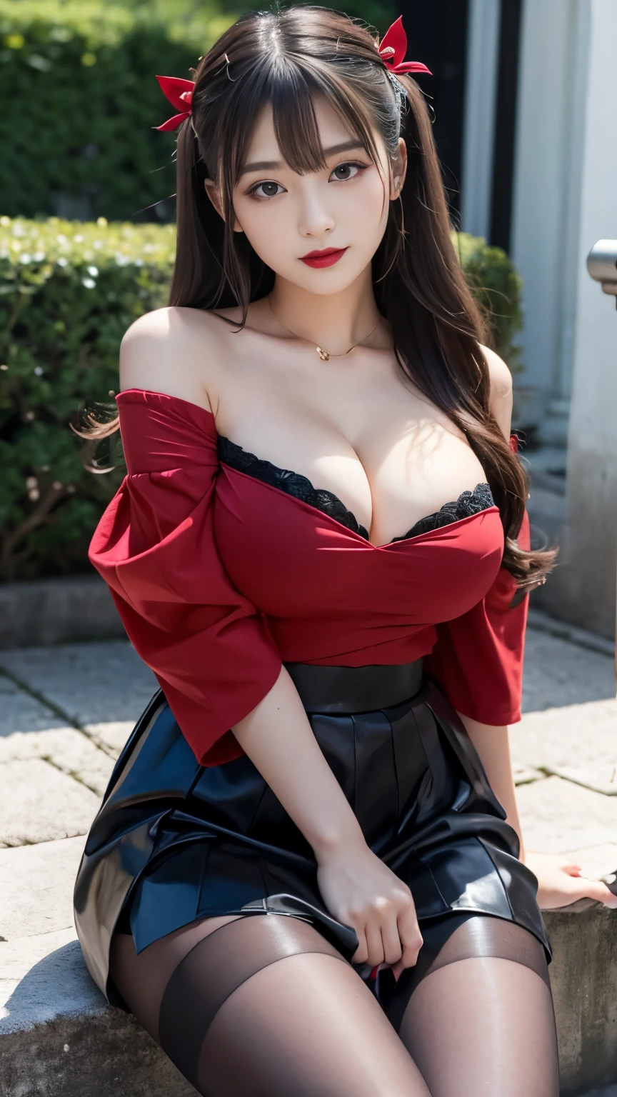 ltra-detailed、Japanese、attractive beauty、seductive college  girl、pretty woman、piercing eyes、cool girl、wavy hair、shrine maiden outfit、wide sleeves、Black skirt、Evil cadres、evil depravity、brainwash、mind control、apply lipstick、smirk、Evil expression、evil、empty eyes、evil、outside dilapidated building、contrapposto、vampire、vampire、Hypnosis、brainwashing、makeup brush, large breasts, breasts pushing tight clothing, black bear, off shoulder clothing, sticking breasts out, pushing breasts forward, emphasis of breasts, short, cute, busty, sitting with crossed legs and black pantyhose with red high heels, seductive mistress, cute, red lipstick, beautiful, very long hair, ribbon in hair