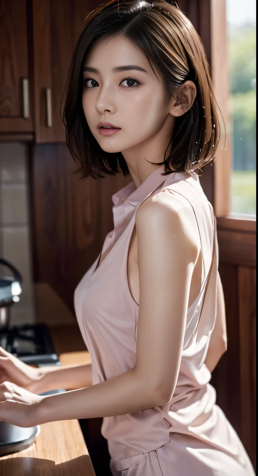 Photorealisticistic beautiful female student、18-year-old、Night view、Stunningly beautiful、Extremely high quality transparency、Beautiful body、(highest quality、8k、32k、masterpiece、Hmph:1.3)、Ultra-high resolution,(Photorealistic:1.4),RAW Photos, Detailed face,,Beautiful Hair, ((Doctor Style)), ,Very short hair 、Very short hair、Beautiful breasts、Stunningly beautiful二重まぶた、Beautiful nipples、 Natural Makeup,, Small and perfect breasts, Wet Hair、Detailed Background, Perfect lighting, Written boundary depth, Beautiful shadow gradation、Thin limbs、Thin thighs、((whole body))、((Sexy pink shirt))、Wet body、((Cooking in the kitchen))、Beautiful slim perfect body、Beautiful high nose、Trimmed thin pubic hair、Side view、