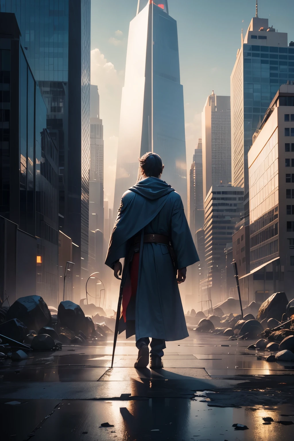 A modern-day cityscape with a wizard in a robe in the foreground, facing away from the camera