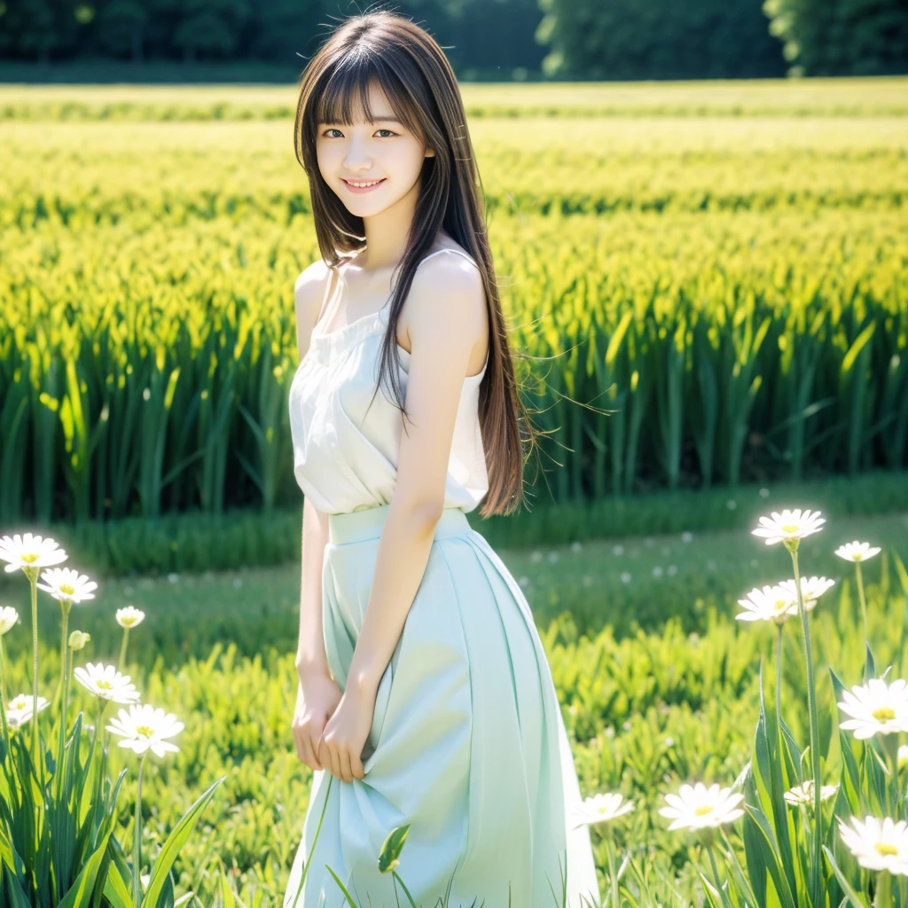 masterpiece, best quality, Ultra-high resolution, detailed illustration, portrait, detailed, 1 girl standing in a wheat field, Solitary, Long hair, skirt, flower, White Hanfu, Smile, whole body, white flower, Bare shoulders, very Long hair, Light green hair, Shut up, For the audience, Bangs,standing 