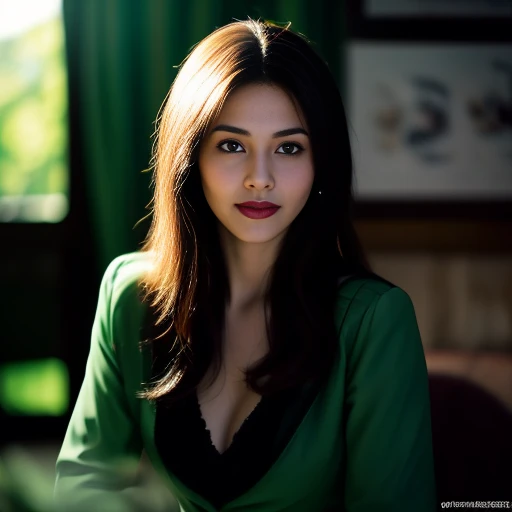 8K images, Shot with a high quality Fuji 45 camera..,000,Raw Photos 45,000,000 pixels,Warm light,) best quality, Masterpiece:1.2), (realistic, photo-realistic:1.37), very detailed,
1 woman,cute, Dark makeup, beauty salon ,) Actions in various postures, alone, red flower, Among nature and in the countryside ,) Beautifully detailed sky,at night, Chest 34 inches&quot;, charming smile, wide aperture, Warm light, professional lighting, Sony A7R4, 50 mm sitting lens. ,Beautifully detailed eyes,(Dark green tight leather suit,)  Long hair floats up:1.2),floating hair