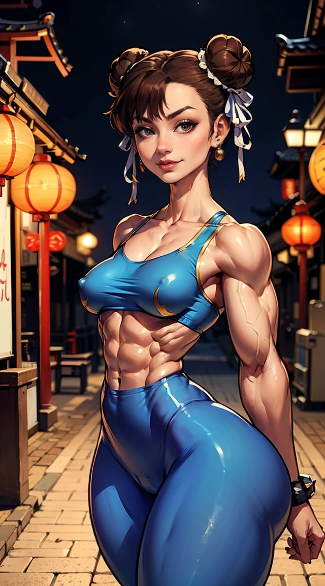 (Muscular:1.7), (thick thighs:1.7), 
(asian female, brown hair:1.4), beauty mark,
(earrings, eyeshadow, lipstick), 
detailed eyes, (big smile:1.2), detailed skin,
(small breasts:2),
(sfa chun, blue leggings:1.5), unitard, yellow ribbons, bare shoulders, double bun, covered abs,
(upper body view:1.3), (looking at viewer), (three quarter view:1.2),
japanese village, rim lighting, two tone lighting, dimly lit, bokeh