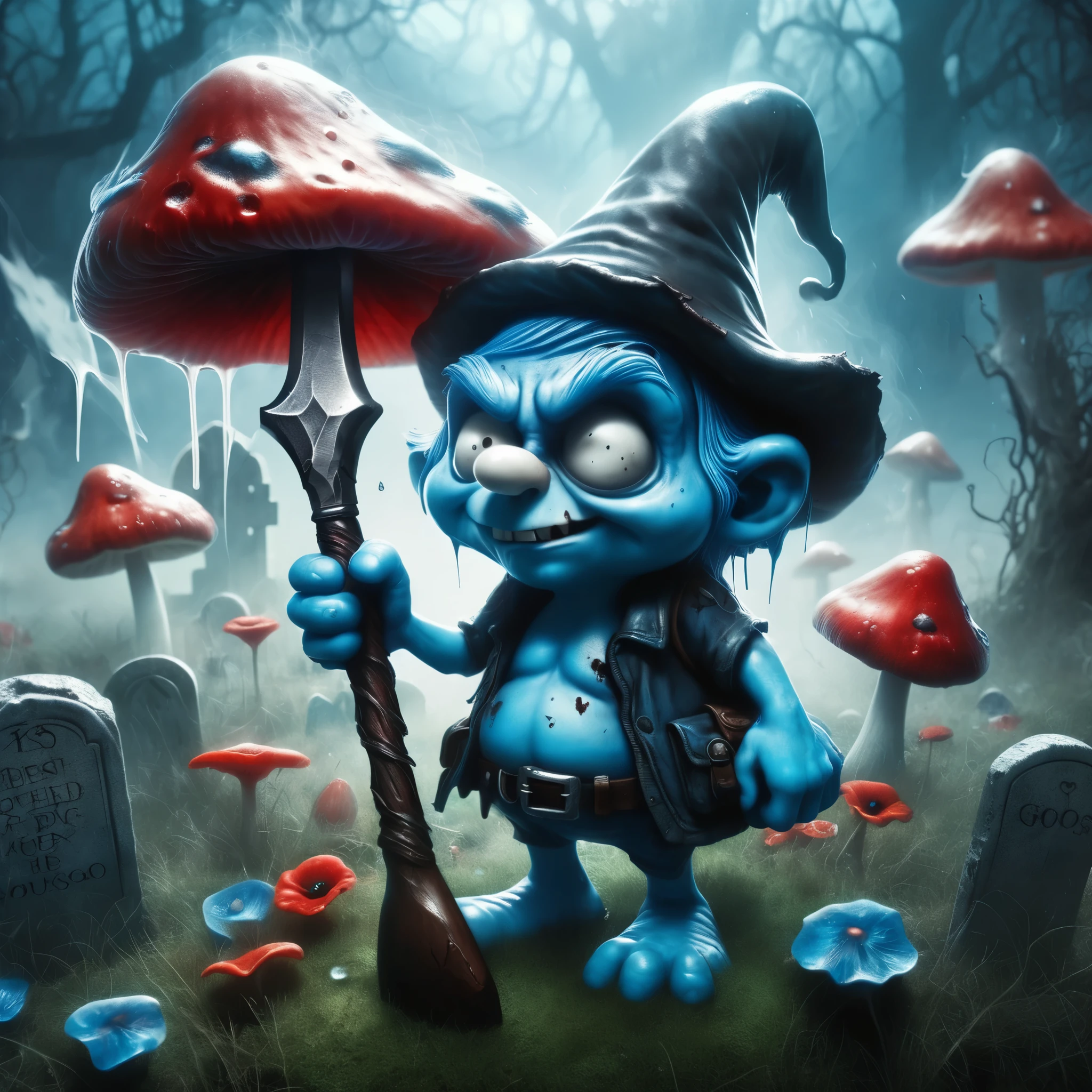 a cartoon smurf holding an ax in a graveyard, blue and red color scheme, splash screen art, realistic horror, mushroom, app, with lots of scumbling, from hearthstone, blue body paint, official render, gangster, dating app icon, necrosis, mana, poppy, basil gogos, murderous
