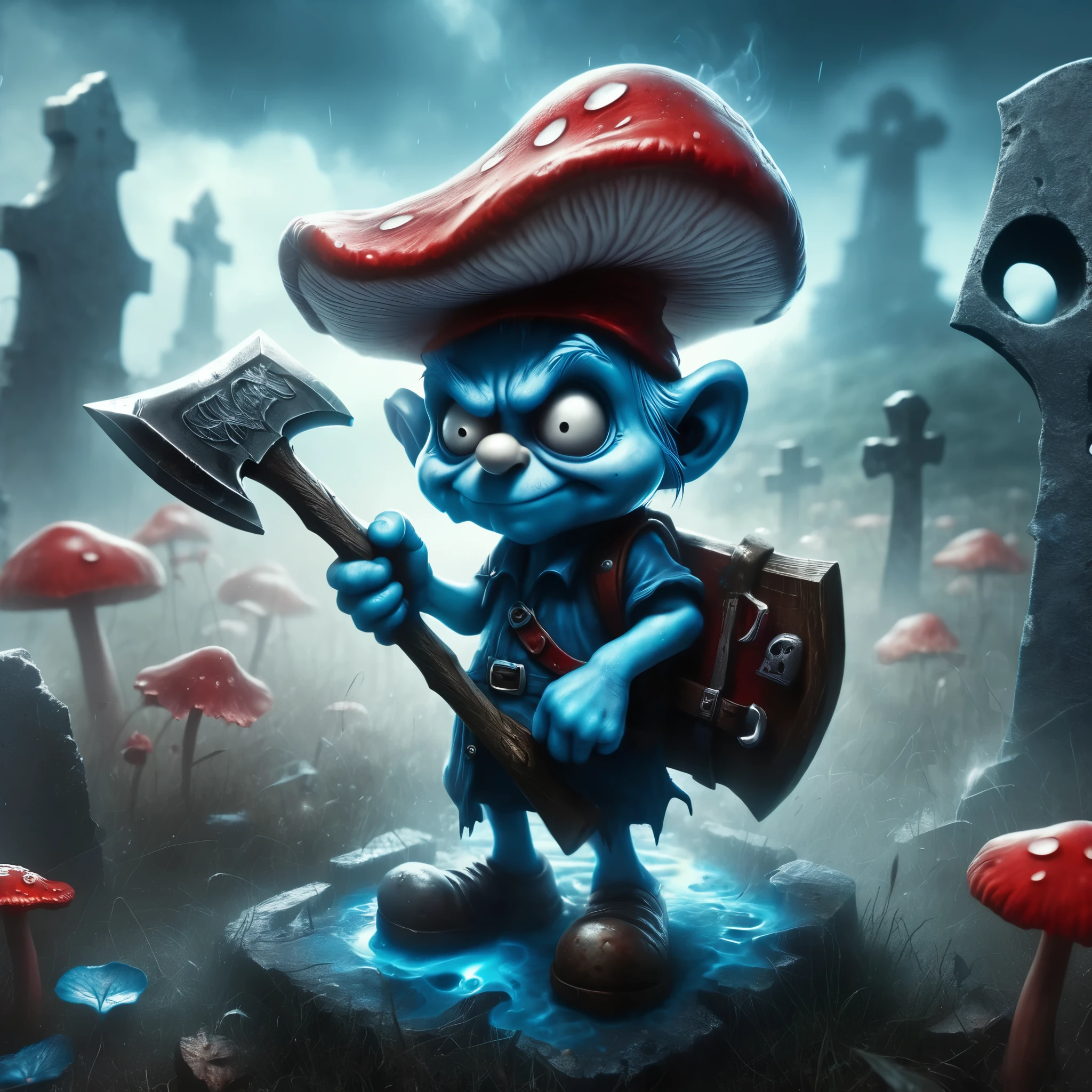 a cartoon smurf holding an ax in a graveyard, blue and red color scheme, splash screen art, realistic horror, mushroom, app, with lots of scumbling, from hearthstone, blue body paint, official render, gangster, dating app icon, necrosis, mana, poppy, basil gogos, murderous