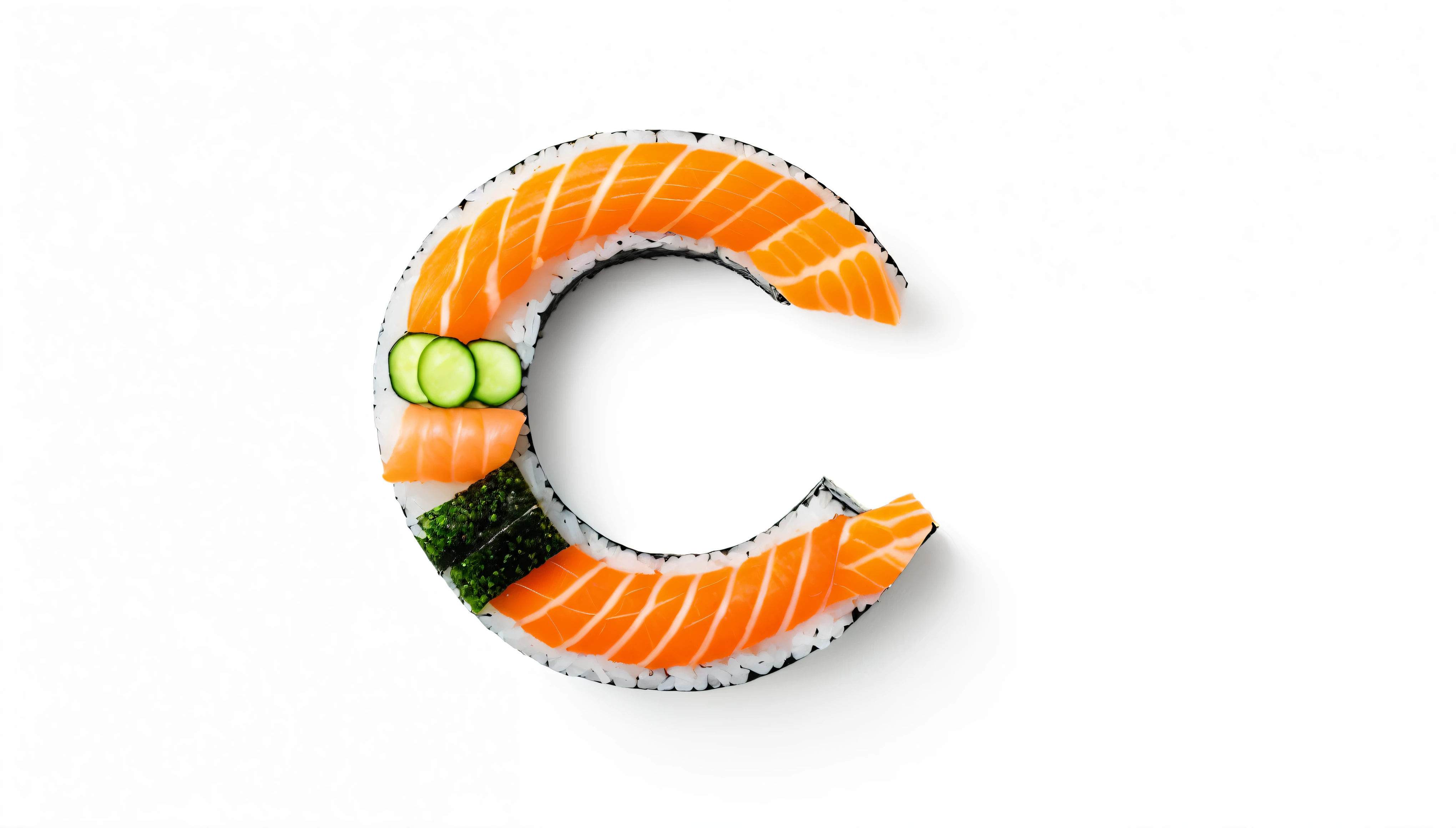 Character ' C ' made of sushi, sharp outline, photography, isolated white background .