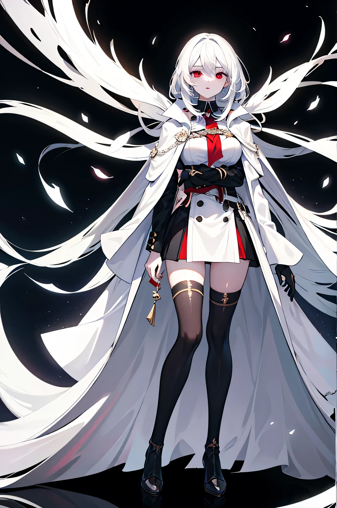 White hair girl, perspective poses, dramatic light,red eye,white and black coat,very big white black cape