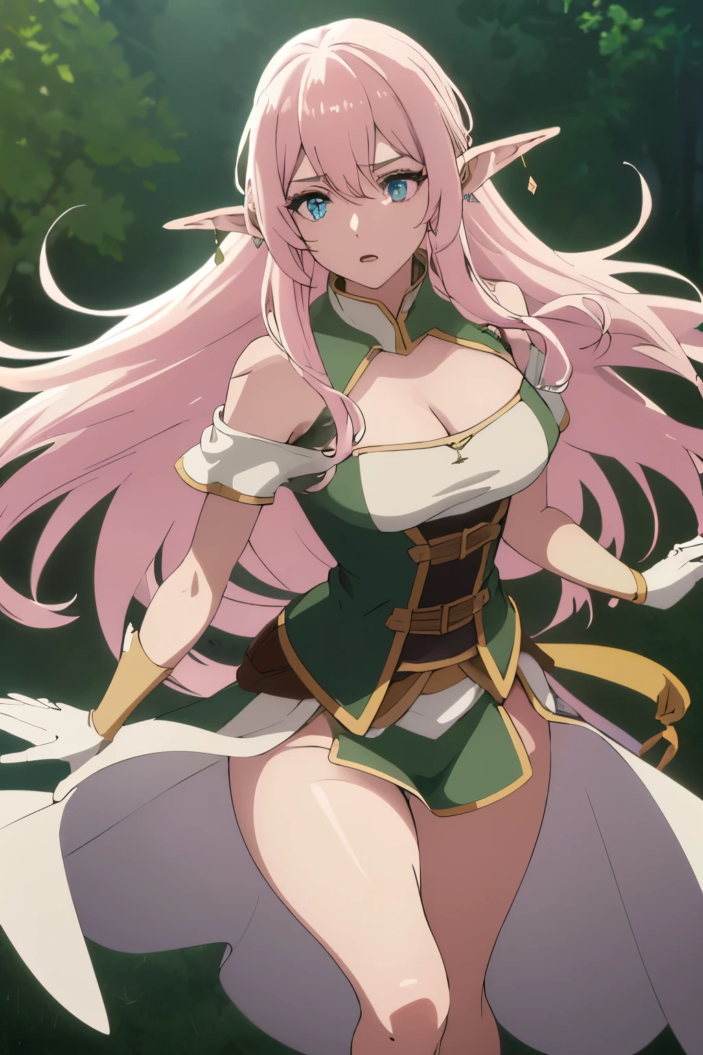 yarandrala, long hair, bangs, blue eyes, hair between eyes, very long hair, pink hair, pointy ears, elf,gloves, cleavage, jewelry, earrings, corset, dress, green dress, pelvic curtain, ,
break masterpiece ,8k unity wallpaper,anime key visual,highest quality, High resolution, unity 8k wallpaper, (shape:0.8),anime coloring,highly detailed face, detailed eyes,growing eyes,shiny skin,fine skin,white skin,dense skin,detailed hair,highly detailed legs,perfect lighting, Detailed CG, (perfect hands, perfect anatomy),High resolution,(Detailed wear ),slender limbs, delicate curves, dainty hands,figure:0.8,
