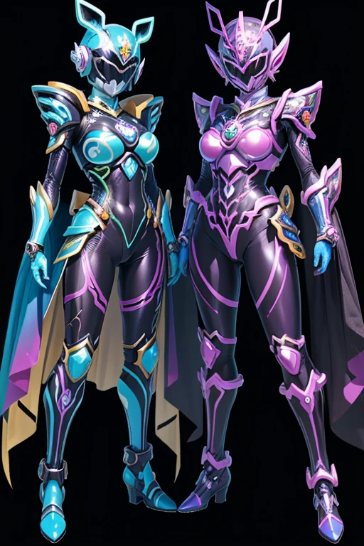 Two costumed female cartoon characters, new costume concept design, humanoid form, Kamen Rider character, full body concept, cyber Japanese style armor, Shincho warrior hybrid, high fantasy Kamen Rider, full body with costume, clear Costume design, Chiho Aoshima's color scheme, Sengoku period art style, special effects suit vaporwave