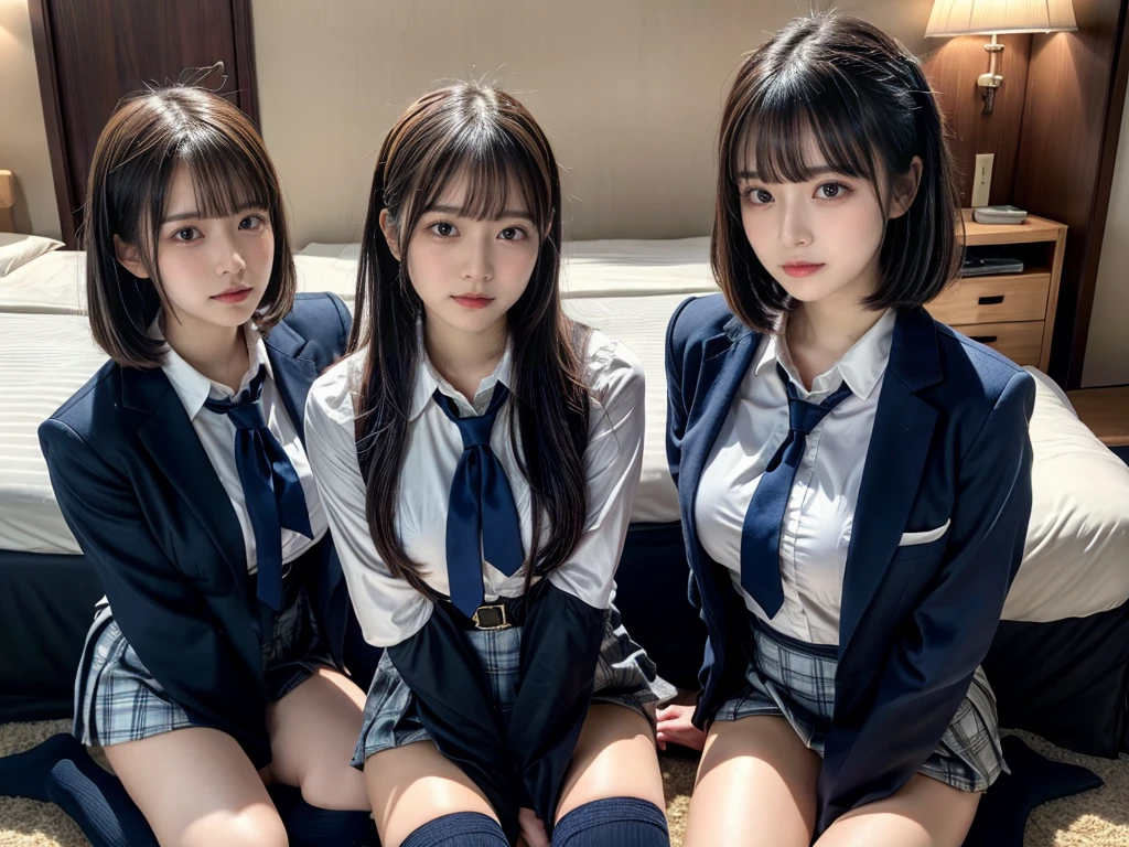 (8K, Raw photography, top-quality, ​masterpiece:1.2), master piece, best quality, illustration, Super detailed, fine details, High resolution, 8K,wall paper, perfect dynamic composition,(Details High quality, realistic depiction of eyes:1.3), ((2 girls, 2 schoolgirls)), The background is a luxury hotel room、High school girl uniform、blazer 、Super Short Check Uniform Skirt、Navy blue high socks、garterbelts、Colossal tits、Disturbed uniform, Play with each other,Touching each other's bodies,Touching the body of the girl next door, short bob hair, black hair color, huge breasts, Big Natural Color Lip, bold sexy pose, (perfect body shape), crying a little、cold gaze,  Beautiful makeup,glitter makeup,Cutest 18 years old, beautiful legs, hposing Gravure Idol, Voluptuous thighs