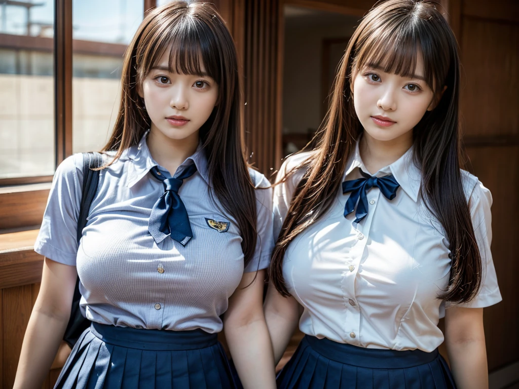 (RAW photo, 4k, masterpiece, high resolution, extremely complex) (realistic: 1.4), cinematic lighting
((2 girls, 2 schoolgirls)),Slam Dunk's,blushing,((innocent)),(Dark makeup),bright eyes,round eyes,blunt bangs,(straight hair:1.3),black hair,large breasts,wide hips,Summer Noon, 20 year old girl、cute type、ta,Hot, (Best Quality), (Highres), (an Extremely Delicate and Beautiful),(Beautiful 8k face),(Brown eyes),short bob hair,( spectators),(gigantic breasts),(Play with each other,Touching each other's bodies,Touching the body),(Japanese high school uniform:1.3),blue skirt,(reality),bright lighting,(The background is a luxury hotel room)