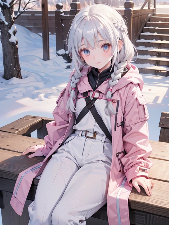 (8k, highest quality, Tabletop:1.2)、Ultra-high resolution, Detailed face, One 10-year-old girl, Golden Eyes, Silver Hair, Braid, Put on the hood, goggles, Pink Coat, Red gloves, Pants look, Snow Mountain, it's snowing, Snow around, Ski boots, Skiing, cs
