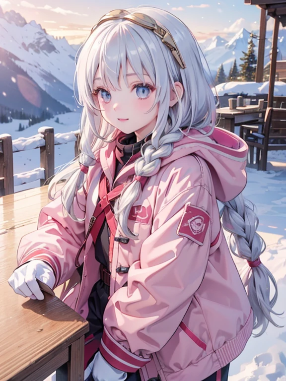 (8k, highest quality, Tabletop:1.2)、Ultra-high resolution, Detailed face, One , Golden Eyes, Silver Hair, Braid, Put on the hood, goggles, Pink Coat, Red gloves, Pants look, Snow Mountain, it's snowing, Snow around, Ski boots, Skiing, cs