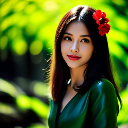 8K images, Shot with a high quality Fuji 45 camera..,000,Raw Photos 45,000,000 pixels,Warm light,) best quality, Masterpiece:1.2), (realistic, photo-realistic:1.37), very detailed,
1 woman,cute, Dark makeup, beauty salon ,) Actions in various postures, alone, red flower, Among nature and in the countryside ,) Beautifully detailed sky,at night, Chest 34 inches", charming smile, wide aperture, Warm light, professional lighting, Sony A7R4, 50 mm sitting lens. ,Beautifully detailed eyes,(Bright dark green tight leather outfit.,) Long hair floats up:1.2),floating hair