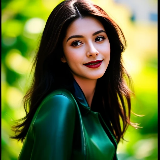 8K images, Shot with a high quality Fuji 45 camera..,000,Raw Photos 45,000,000 pixels,Warm light,) best quality, Masterpiece:1.2), (realistic, photo-realistic:1.37), very detailed,
1 woman,cute, Dark makeup, beauty salon ,) Actions in various postures, alone, red flower, Among nature and in the countryside ,) Beautifully detailed sky,at night, Chest 34 inches", charming smile, wide aperture, Warm light, professional lighting, Sony A7R4, 50 mm sitting lens. ,Beautifully detailed eyes,(Bright dark green tight leather outfit.,) Long hair floats up:1.2),floating hair