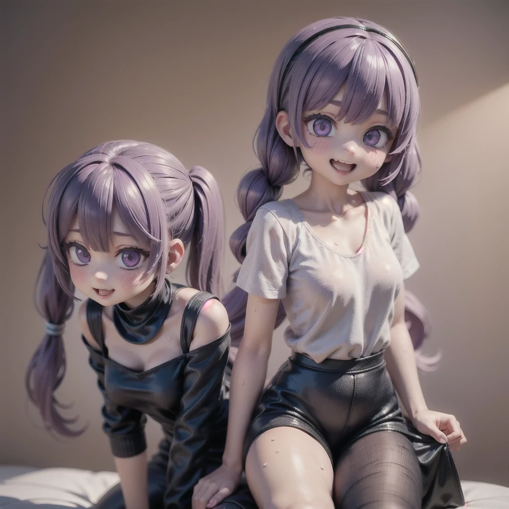 arafed 2 girls with purple hair and a white shirt, long braided purple hair, violet long hair, elegant fantasy style braids, pigtails hairstyle, long light purple hair, long purple hair, purple long hair, long violet hair, purple flowing hair, lavender hair, purple hair, violet hair, lilac hair, flowing purple hair, kawaii hairstyle, purple color,(((2 girls))), solo,araffe 2 girls with long hair and a black top smiling, her face flushing and sweat, she is smiling and excited, staring sofía vergara screaming, she expressing joy, looks a blend of grimes, she is laughing, hito steyerl, so happy that her face hurts, looks like a mix of grimes, she is smiling and happy