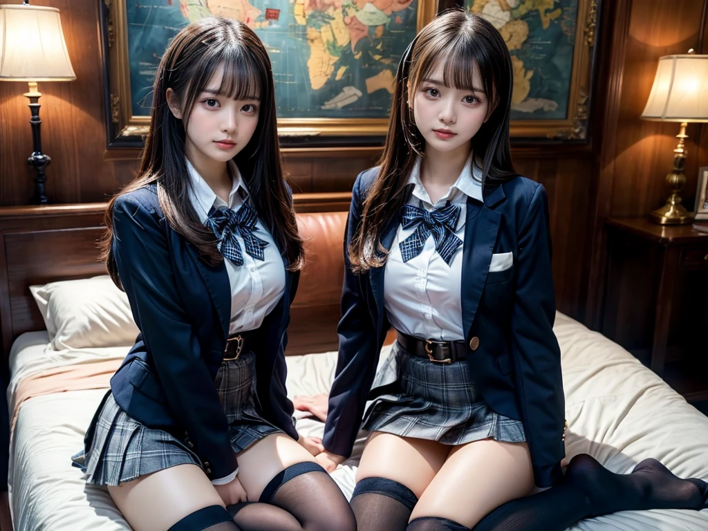 (8K, Raw photography, top-quality, masterpiece:1.2), master piece, best quality, illustration, Super detailed, fine details, High resolution, 8K,wall paper, perfect dynamic composition,(Details High quality, realistic depiction of eyes:1.3), ((2 girls, 2 schoolgirls)), The background is a luxury hotel room、High school girl uniform、blazer 、Super Short Check Uniform Skirt、Navy blue high socks、garterbelts、Colossal tits、Disturbed uniform, Play with each other,Touching each other's bodies,Touching the body of the girl next door, short bob hair, black hair color, huge breasts, Big Natural Color Lip, bold sexy pose, (perfect body shape), crying a little、cold gaze, Beautiful makeup,glitter makeup,Cutest 18 years old, beautiful legs, hposing Gravure Idol, Voluptuous thighs