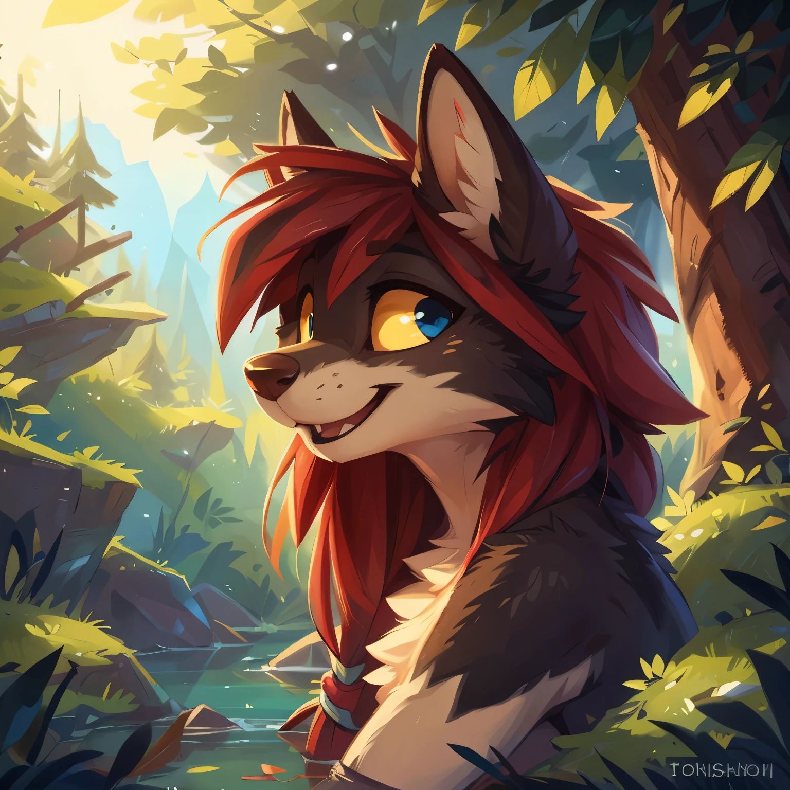 (best quality, masterpiece), solo, furry female hellhound, (femenine, large eyes, detailed fur, black fur, dark fur, red hair, savage hair, blue eyes, yellow sclera, black horns, happy, cute), pfp, profile picture, naked, looking to spectator, (detailed background, natural landscape background), uploaded_on_e621, by kenket, Ross Tran, ruan jia, zaush, foxovh, by Zackary911, by hyattlen, by teranen, by fumiko, by Pixelsketcher, by Bayard Wu, by Thomas Benjamin Kennington, by Einshelm, by Kilinah, by Coffeesoda, by Hioshiru, by fluff-kevlar, by r-mk, by Dimwitdog