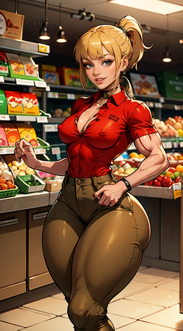 (Muscular:1.9), (thick thighs:2), 
(blonde woman:1.2), (ponytail:1.2), blunt bangs,
eyeshadow, earrings,
detailed eyes, (big smile:1.7), detailed skin,
(small breasts:2), (hard nipples:1.4),
(choker), (red polo shirt:1.7), (open collar, unbuttoned, cleavage:1.5), (tight khaki pants:1.6), nametag,
(upper body view:1.2), (looking at viewer), (three quarter view:1.4),
(grocery store:1.2), rim lighting, two tone lighting, dimly lit, bokeh