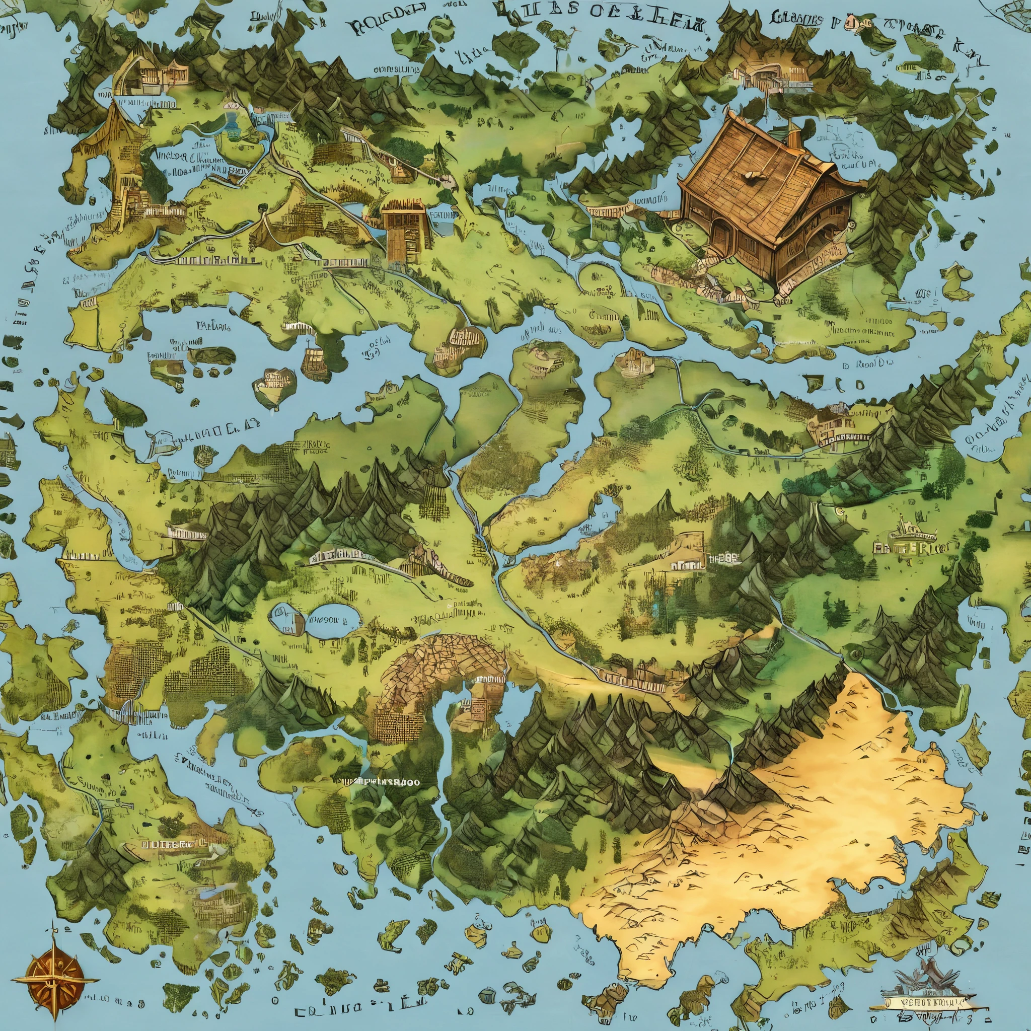 Isometric map of a kingdom, mostrando rios, montanhas, Castelos, aldeias, estradas, with winding cobblestone paths, paredes de pedra, Florestas verdes,Rios com diferentes distritos, muitas cidades diferentes, estradas, marcos de uma vasta cidade, paisagem de fantasia com Castelos, florestas, aldeias, roads and geographic features drawn in realistic pictorial style