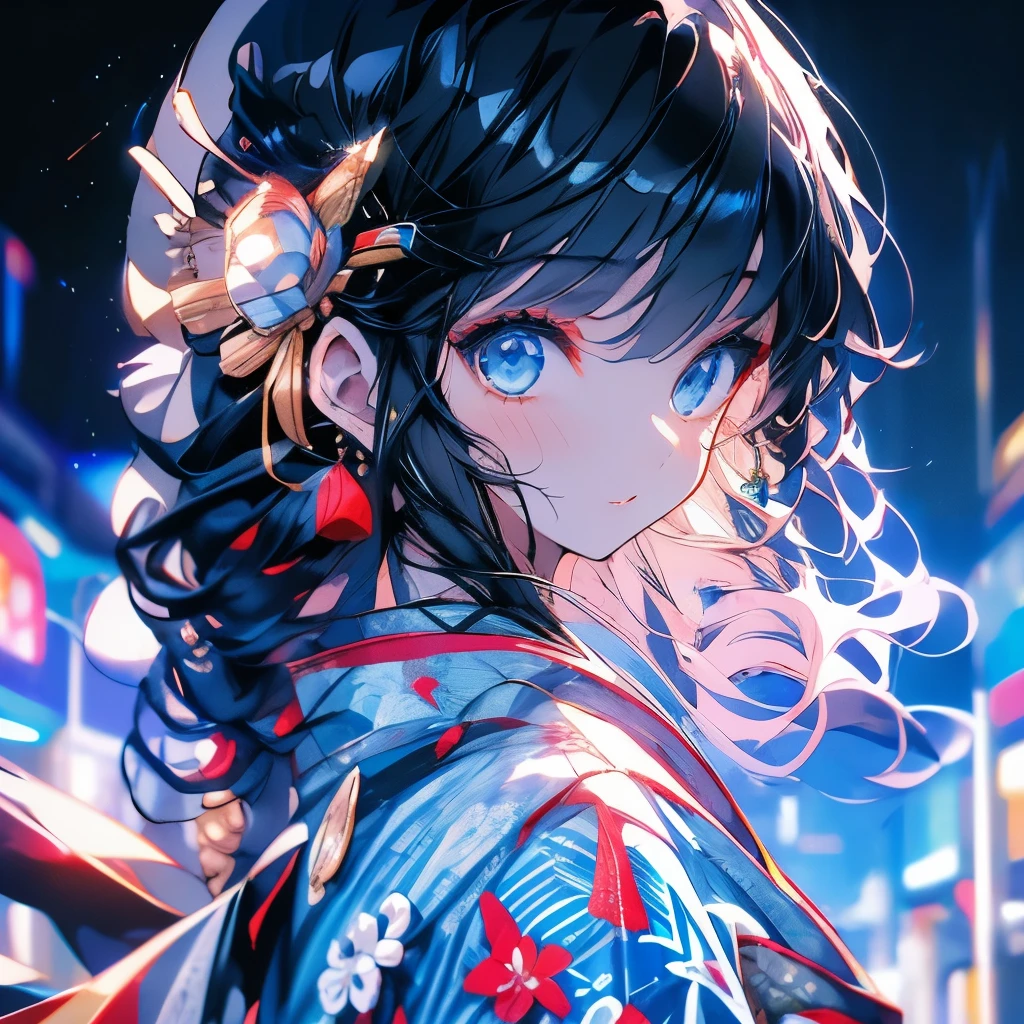 Masterpiece、Black Hair、Blue Eyes、Delicate eyes、Tied up hair、Beautiful hair ornament、kimono、Sparkling