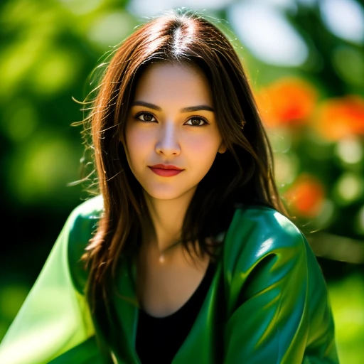 8K images, Shot with a high quality Fuji 45 camera..,000,Raw Photos 45,000,000 pixels,Warm light,) best quality, Masterpiece:1.2), (realistic, photo-realistic:1.37), very detailed,
1 woman,cute, Dark makeup, beauty salon The face is bright and clear, shining with light.,) Actions in various postures, alone, red flower, Among nature and in the countryside ,) Beautifully detailed sky,at night, Chest 34 inches", charming smile, wide aperture, Warm light, professional lighting, Sony A7R4, 50 mm sitting lens. ,Beautifully detailed eyes,(Bright dark green tight leather outfit.,) Long hair floats up:1.2),floating hair