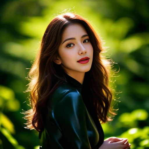 8K images, Shot with a high quality Fuji 45 camera..,000,Raw Photos 45,000,000 pixels,Warm light,) best quality, Masterpiece:1.2), (realistic, photo-realistic:1.37), very detailed,
1 woman,cute, Dark makeup, beauty salon The face is bright and clear, shining with light.,) Actions in various postures, alone, red flower, Among nature and in the countryside ,) Beautifully detailed sky,at night, Chest 34 inches&quot;, charming smile, wide aperture, Warm light, professional lighting, Sony A7R4, 50 mm sitting lens. ,Beautifully detailed eyes,(Bright dark green tight leather outfit.,)  Long hair floats up:1.2),floating hair