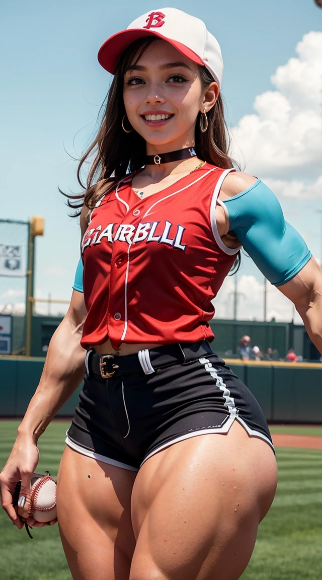 (Muscular:2.2), (thick thighs:2.2), 
(latina woman, brown skin, beauty mark, freckles), blunt bangs, long hair, 
eyeshadow, earrings, red lipstick, glasses,
detailed eyes, (big smile:1.5), detailed skin,
(flat chest:1.5),
(choker, baseball outfit, baseball cap, sleeveless baseball jersey, baseball shorts:1.6), midriff,
(upper body view:1.2), (looking at viewer), (three quarter view:1.4),
rim lighting, two tone lighting, dimly lit