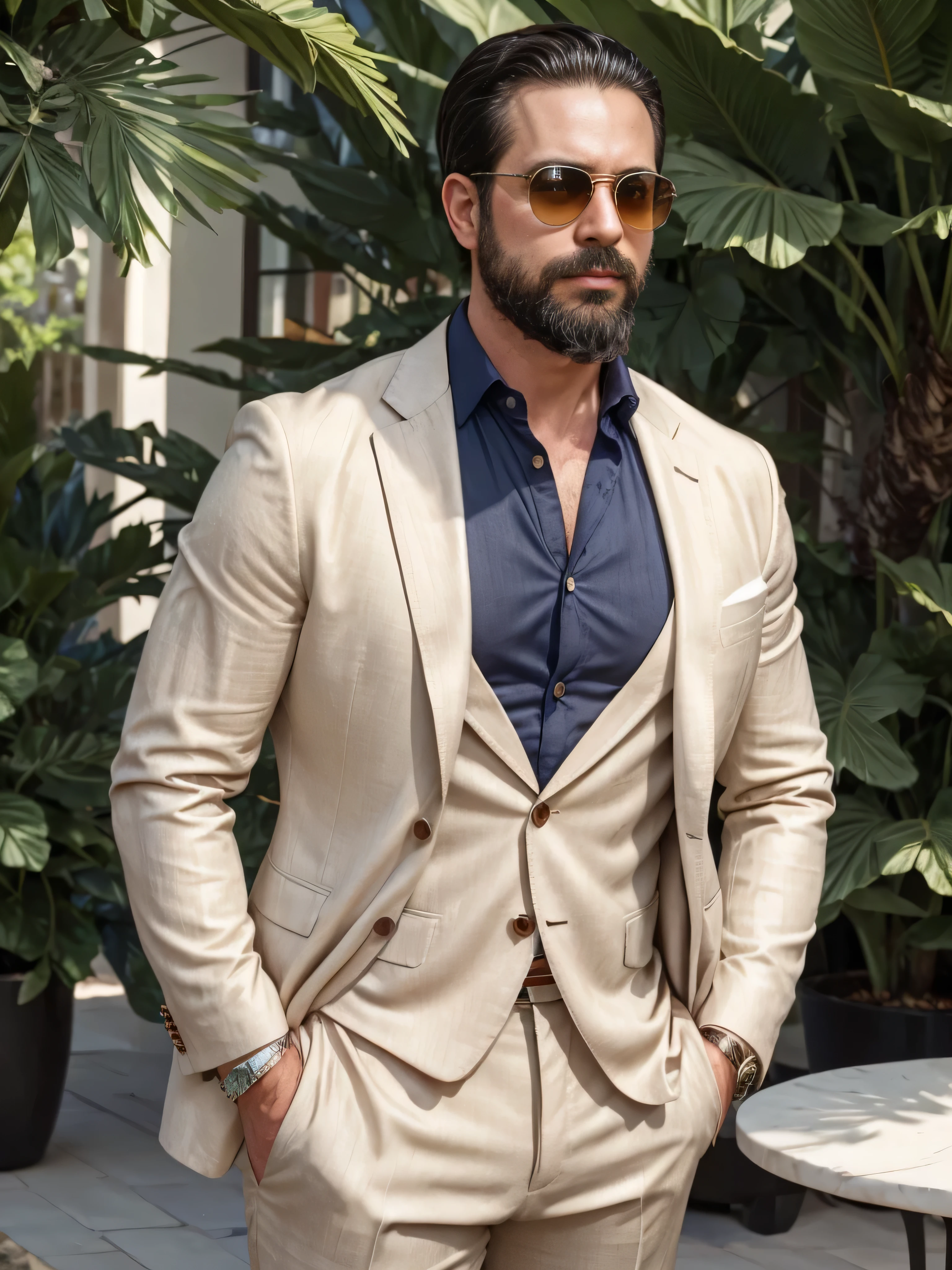 A sophisticated 38-year-old man with a well-groomed beard and sleek sunglasses, dressed in elegant summer attire. He is wearing a tailored light linen blazer in a soft beige color, paired with a crisp white dress shirt and a navy blue pocket square for a pop of color. His trousers are matching beige linen, creating a harmonious, refined look. The sunglasses are modern, with round frames and a subtle metallic finish. The setting is an upscale outdoor café with a blurred background of elegant tables and vibrant greenery, emphasizing his stylish summer fashion in a medium shot of his upper body.