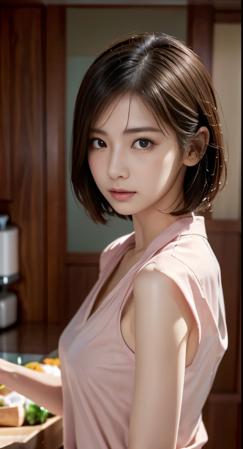 Photorealisticistic beautiful female student、18-year-old、Night view、Stunningly beautiful、Extremely high quality transparency、Beautiful body、(highest quality、8k、32k、masterpiece、Hmph:1.3)、Ultra-high resolution,(Photorealistic:1.4),RAW Photos, Detailed face,,Beautiful Hair, ((Doctor Style)), ,Very short hair 、Very short hair、Beautiful ???????、Stunningly beautiful二重まぶた、Beautiful ???????、 Natural Makeup,, Small and perfect ???????, Wet Hair、Detailed Background, Perfect lighting, Written boundary depth, Beautiful shadow gradation、Thin limbs、Thin thighs、((whole body))、((???? pink shirt))、Wet body、((Cooking in the kitchen))、Beautiful slim perfect body、Beautiful high nose、Trimmed thin pubic hair、Side view、