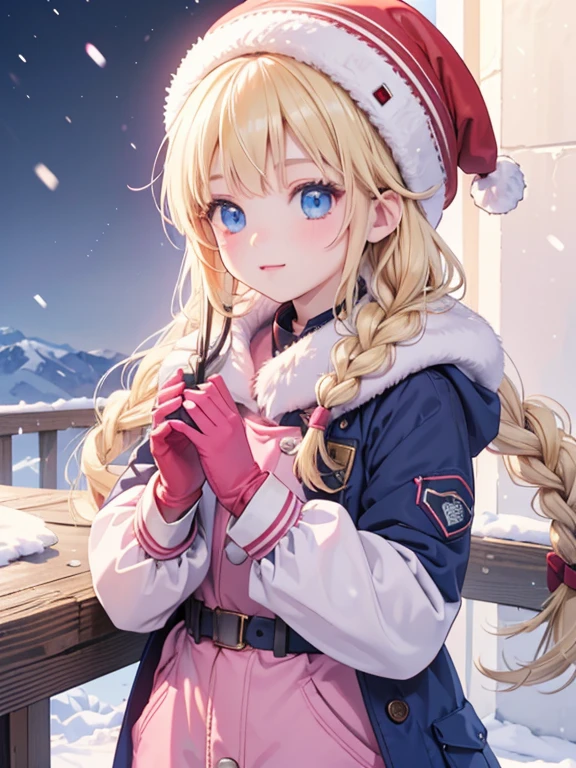 (8k, highest quality, Tabletop:1.2)、Ultra-high resolution, Detailed face, One 10-year-old girl, Blue eyes, Blonde, Braid, Woolen hat, Put on goggles, Pink Coat, Red gloves, Pants look, Snow Mountain, it's snowing, Snow around, Ski boots, Skiing, cs