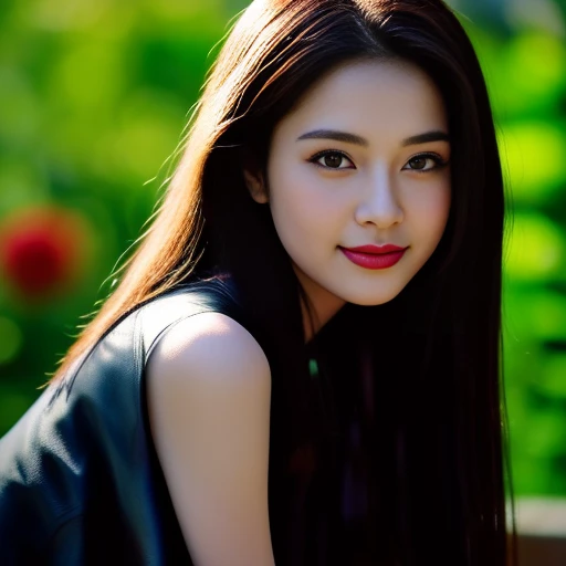 8K images, Shot with a high quality Fuji 45 camera..,000,Raw Photos 45,000,000 pixels,Warm light,) best quality, Masterpiece:1.2), (realistic, photo-realistic:1.37), very detailed,
1 woman,cute, Dark makeup, beauty salon The face is bright and clear, shining with light.,) Actions in various postures, alone, red flower, Among nature and in the countryside ,) Beautifully detailed sky,at night, Chest 34 inches", charming smile, wide aperture, Warm light, professional lighting, Sony A7R4, 50 mm sitting lens. ,Beautifully detailed eyes,) black leather jacket Bright black leather jacket,) Long hair floats up:1.2),floating hair