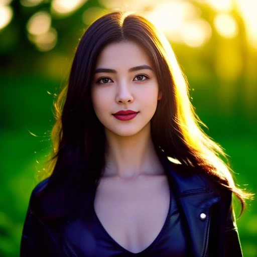 8K images, Shot with a high quality Fuji 45 camera..,000,Raw Photos 45,000,000 pixels,Warm light,) best quality, Masterpiece:1.2), (realistic, photo-realistic:1.37), very detailed,
1 woman,cute, Dark makeup, beauty salon The face is bright and clear, shining with light.,) Actions in various postures, alone, red flower, Among nature and in the countryside ,) Beautifully detailed sky,at night, Chest 34 inches", charming smile, wide aperture, Warm light, professional lighting, Sony A7R4, 50 mm sitting lens. ,Beautifully detailed eyes,) black leather jacket Bright black leather jacket,) Long hair floats up:1.2),floating hair