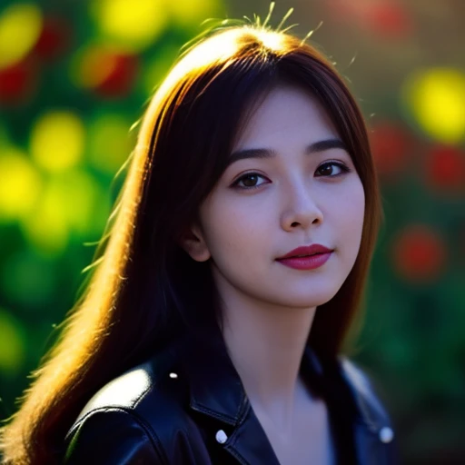 8K images, Shot with a high quality Fuji 45 camera..,000,Raw Photos 45,000,000 pixels,Warm light,) best quality, Masterpiece:1.2), (realistic, photo-realistic:1.37), very detailed,
1 woman,cute, Dark makeup, beauty salon The face is bright and clear, shining with light.,) Actions in various postures, alone, red flower, Among nature and in the countryside ,) Beautifully detailed sky,at night, Chest 34 inches", charming smile, wide aperture, Warm light, professional lighting, Sony A7R4, 50 mm sitting lens. ,Beautifully detailed eyes,) black leather jacket Bright black leather jacket,) Long hair floats up:1.2),floating hair