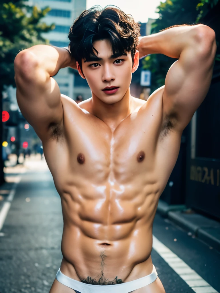 Showing off his very hairy armpits, Slim fit, very cute kids face, boy, baby face, young kids, Very young teenager boyazing Japanese street scenery, in the middle of Crowded street, he only wear Tiny see through white thong, crowded people, very hot sunny day, summer, dirty and wet road, he wore a very small transparent see through thong covering half of his big hard dick, dickprint, Sweat dripping all over the body, sweat covering all over the body, Full body photo, wearing Very tiny thong, Proudly showing off his sweaty very hairy armpits to audience, completely naked just wearing thin Tiny white thong, very young boy, Cinematic soft lighting illuminates a stunningly detailed and ultra-realistic handsome korean male supermodel, ultra messy curly hair, clear honey eyes, captivating perfect smile, sensual, hot man, insanely handsome, showing off his sweaty body, very sixpack muscular body build, slender, toned, full body, 8k, photography, masterpiece, detailed face, detailed eyes, sexy, beautiful abdomen and beautiful legs and a detailed big hard bulge, expression of ecstasy, excited, slim, detailed eyes and lips, sixpack and fit body. Image quality is of the highest standard, with ultra-detailed features and a realistic appearance. The colors are bright and vibrant, enhancing the overall aesthetic. The lighting is soft and natural, casting a soft glow on the boy, don't merge body's