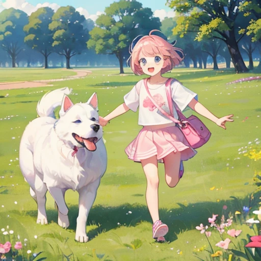 Highest quality、Very big white dog、Dog with black toes、One 、7 years old、Big eyes、blue eyes、Pink Hair、short hair、T-Shirts,mini skirt,Pink Pochette,Pink sneakers、Running astride a dog、flower,grassland、
