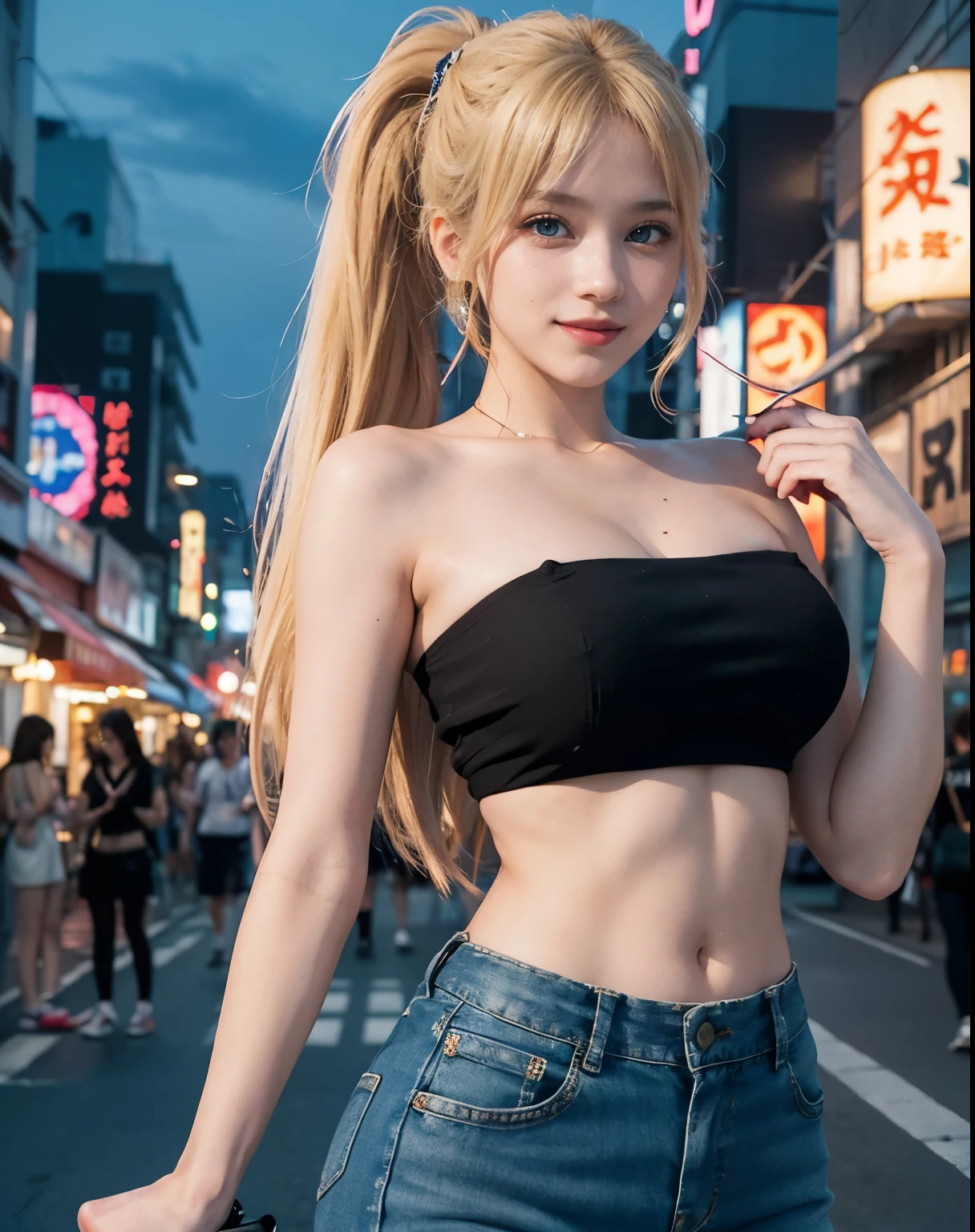 1girl, (Blue Eyes), (smiling :1.2), (Sana Minatozaki), (beautiful makeup :1.2), wide hips, Big tits, big ass, (Best Quality, 8k, Masterpiece: 1.3), Clear Focus: 1.2, Perfect Body Beauty: 1.4, strong abs, Highly detailed face and skin texture, detailed eyes, double eyelids, (blonde Straight hair :1.1), ((Ponytail Hair)), Blunt bangs, (black tube top :1.2), bare shoulders, denim skirt, in the akihabara neighborhood at night, Crowd in the city at night, buildings illuminated by signs in the background