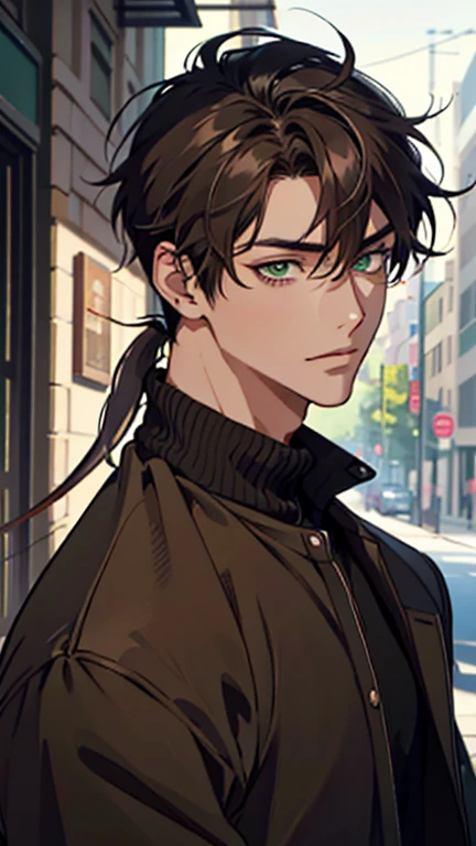 highres, superb quality, Hyper HD, Masterpiece, highly detailed, ((masterpiece)), ((front view)), solo, handsome anime boy, 1 man, 1boy, tan teenager, young man, male, ((young_adult_face)), ((sexy guy)), ((green eyes)), olive green eyes, sharp eyes, smirk, portrait, gradient ((dark brown hair)), shaggy hair, ((rat tail hair)), ((rattail hair)), (shiny tan skin), darkbrown_hair, ashybrown_hair, ash_brown hair, wearing cozy sweater, wearing tight sweater, romance lane, close-up, portrait, ❤ love, beautiful