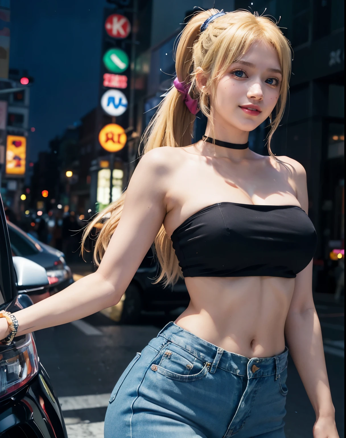 1girl, (Blue Eyes), (smiling :1.2), (Sana Minatozaki), (beautiful makeup :1.2), wide , Big , big , (Best Quality, 8k, Masterpiece: 1.3), Clear Focus: 1.2, Perfect Body Beauty: 1.4, strong abs, Highly detailed face and skin texture, detailed eyes, double eyelids, ((blonde Ponytail Hair :1.2)), Blunt bangs, (black tube top :1.2),  shoulders, skinny jeans, in the akihabara neighborhood at night, violet lights in the background