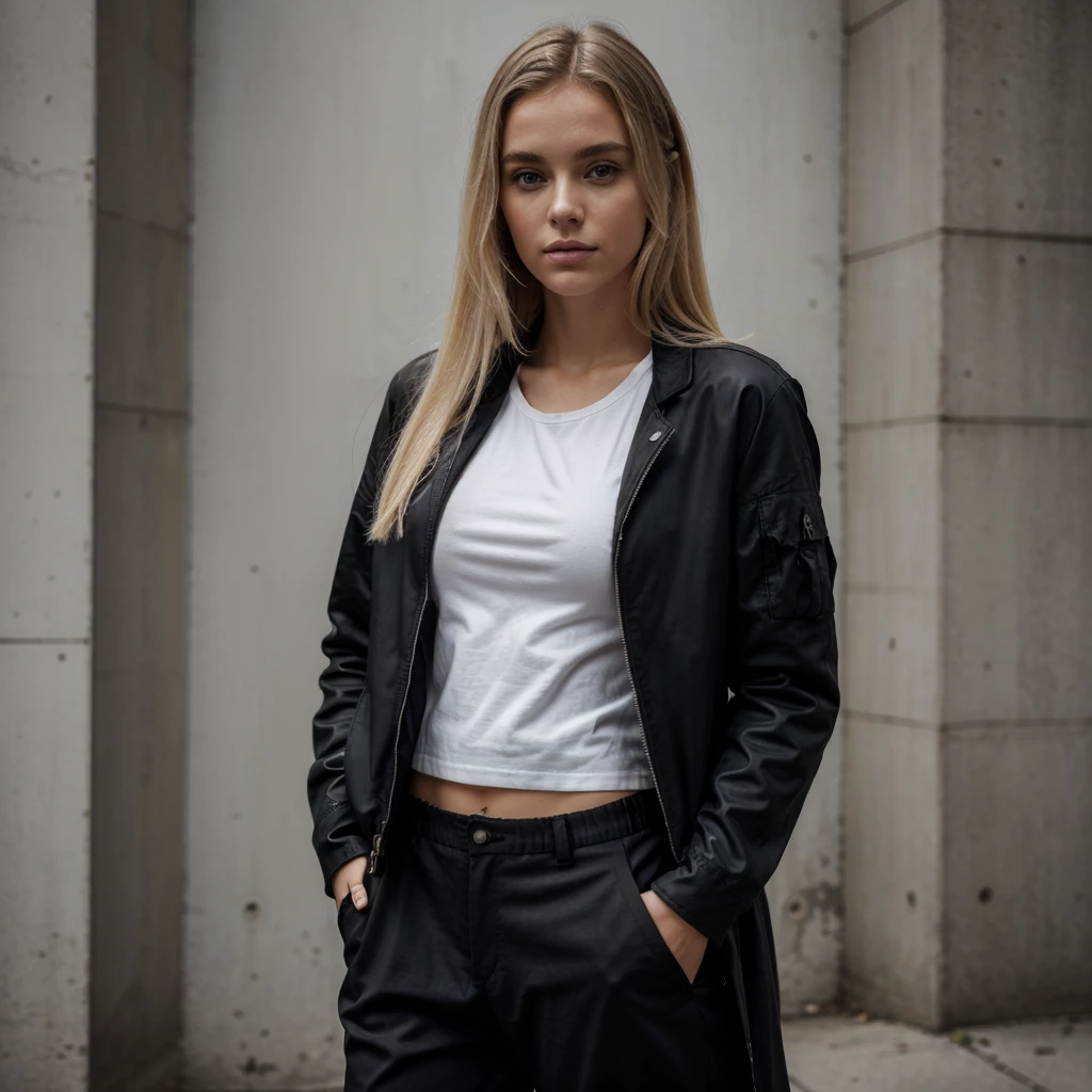 Femme blonde 24 ans, en pantalon noir large avec une veste veste blanche et des air force une noir et blanche