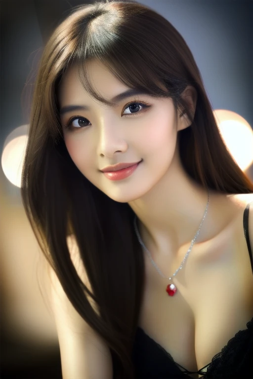 a beautiful russian woman in her 20s, light brown hair, fine white skin, attractive face, tight waist, cleavage, smiling kindly, wearing stylish clothes and necklace,  detailed eyes, nose, lips, long eyelashes, perfectly balanced body, rough hairstyle, (best quality,8k,highres,masterpiece:1.2),ultra-detailed,(realistic,photorealistic,photo-realistic:1.37),HDR,UHD,studio lighting,ultra-fine painting,sharp focus,physically-based rendering,extreme detail description,professional,vivid colors,bokeh,portrait,beautiful night scenery,geisha,