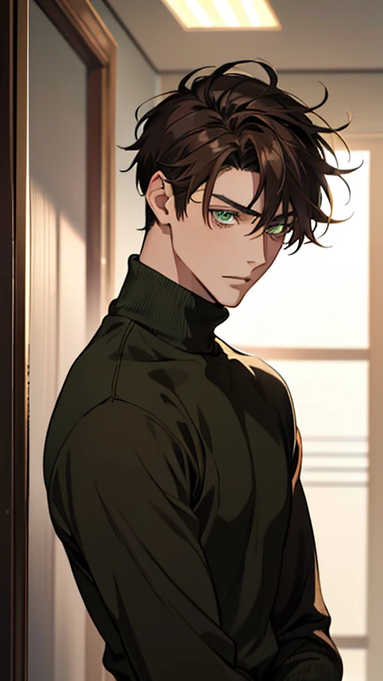highres, superb quality, Hyper HD, Masterpiece, highly detailed, ((masterpiece)), ((front view)), solo, handsome anime boy, 1 man, 1boy, tan teenager, young man, male, ((young_adult_face)), ((sexy guy)), ((green eyes)), olive green eyes, sharp eyes, smirk, portrait, gradient ((dark brown hair)), shaggy hair, ((rat tail hair)), ((rattail hair)), (shiny tan skin), darkbrown_hair, ashybrown_hair, ash_brown hair, wearing cozy sweater, wearing tight sweater, romance lane, close-up, portrait, ❤ love, beautiful, indoors