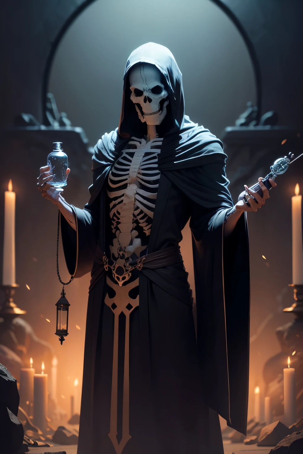 A skeleton god wearing robes examines a glass vial, sinister looking, masterpeice, Fantasy, 4k