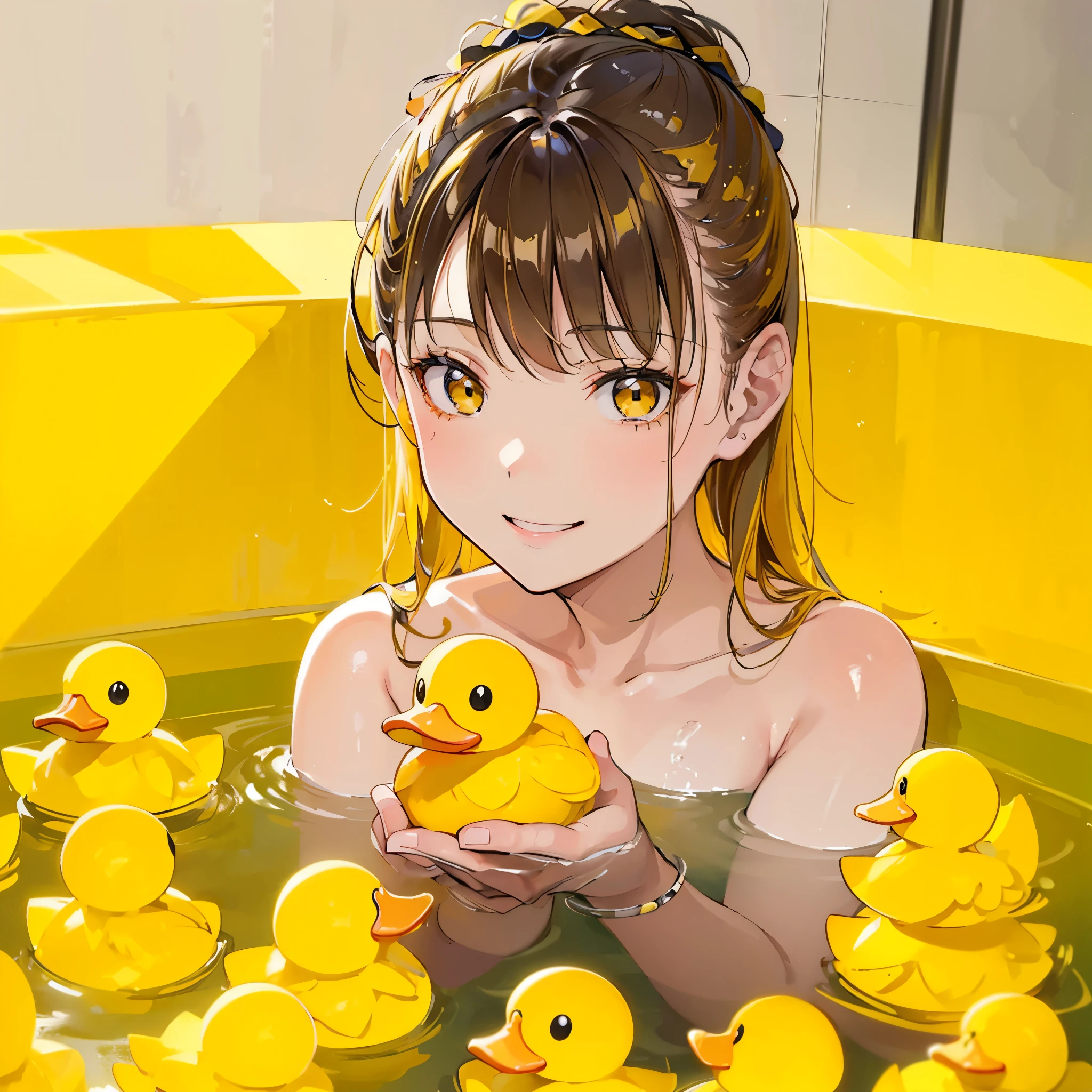 Top quality, masterpiece, 8K, yellow background, yellow bathroom, young girl taking a bath, large number of yellow duck dolls floating in the bath, girl holding one duck doll in her hand, long yellow hair, yellow eyes, smiling face,