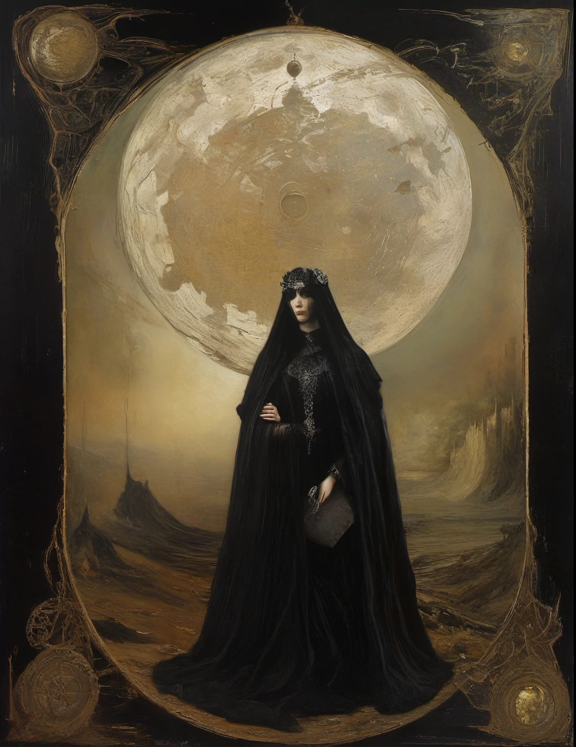 James Gurney, Surrealist art , dream-like, Mysterious, Provocative, symbolic, Complex, detailed,, (Gothic but very beautiful:1.4), (masterpiece, highest quality:1.4) , Nicola Samori Style, tarot cards backside design 