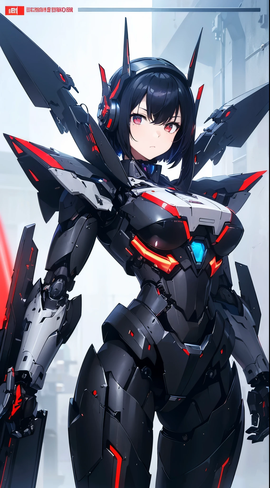 Machine eyes glowing red、Expressionless