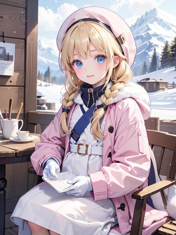 (8k, highest quality, Tabletop:1.2)、Ultra-high resolution, Detailed face, One 10-year-old girl, Blue eyes, Blonde, Braid, Woolen hat, Put on goggles, Pink Coat, White gloves, Ski wear, Snow Mountain, it's snowing, Snow around, Ski boots, Skis, stock