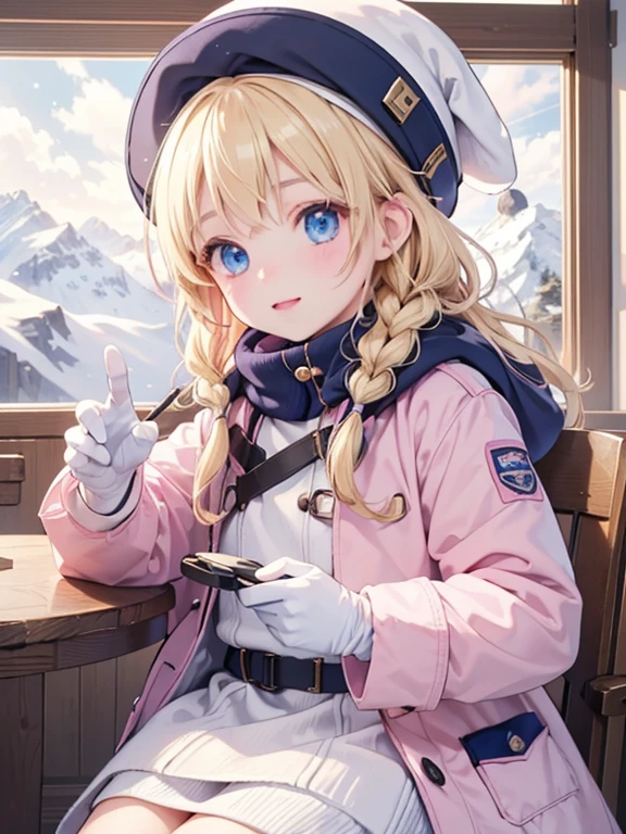 (8k, highest quality, Tabletop:1.2)、Ultra-high resolution, Detailed face, One , Blue eyes, Blonde, Braid, Woolen hat, Put on goggles, Pink Coat, White gloves, Ski wear, Snow Mountain, it&#39;s snowing, Snow around, Ski boots, Skis, stock